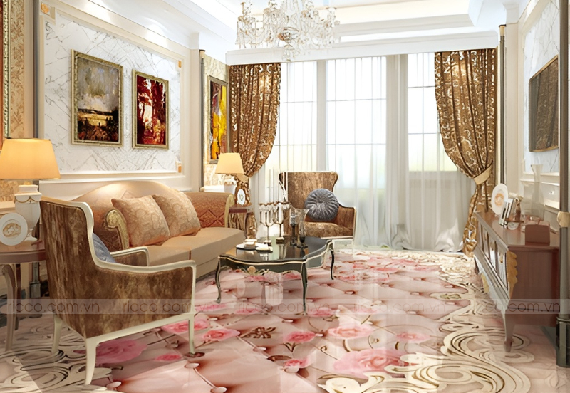 gạch tranh 3D hình hoa lát phòng khách