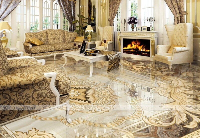 gạch tranh lát nền với sofa phòng khách