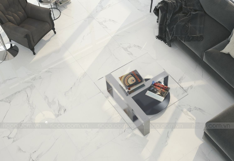 gạch lát nền kích thước lớn (80x80cm) màu trắng, vân xám nhạt