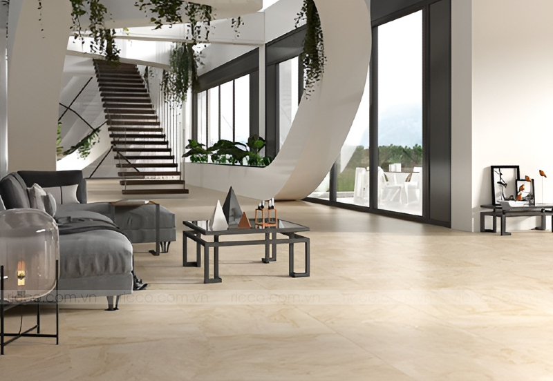 gạch lát nền màu vàng kem, vân đá, men matt