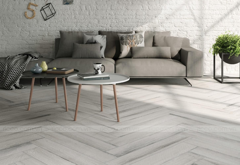gạch vân gỗ màu xám lát nền phòng khách